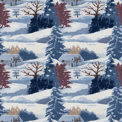 Gobelin tapestry fragment close-up with winter theme background, seamless pattern