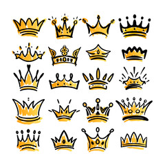 set of twenty simple, stylized crowns with yellow ornament  Each crown is outlined in black, with varying designs and embellishments. Some have more pronounced points