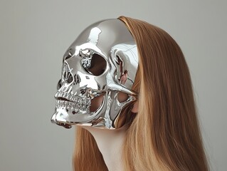 A studio-quality photograph of a girl with long, light-colored hair wearing a highly polished metallic skull-like mask