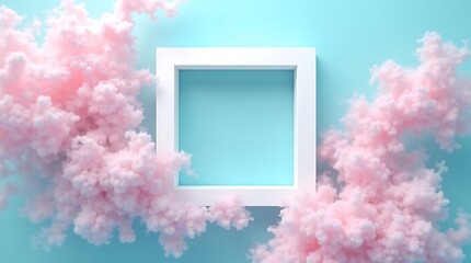 Abstract background with white frame and pink clouds for product display and presentation mockup design