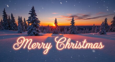 Winter landscape with forest at sunset and snow falling with Merry Christmas