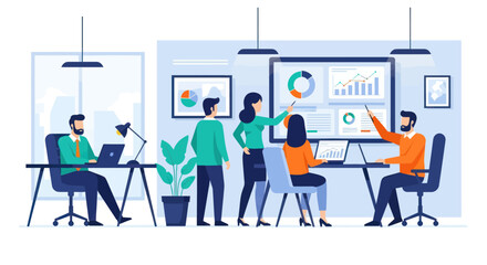 Teamwork, data analysis, office meeting, collaborative project, presentation, charts.