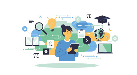 Student studying, surrounded by educational icons and symbols representing diverse subjects.