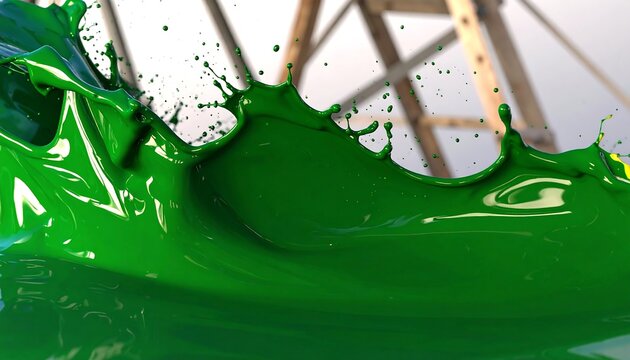 Vibrant green liquid dynamically splashes, creating a visually striking wave-like form