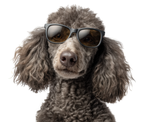 Curly poodle dog with sunglasses, stylish pet portrait, cool expression, fluffy brown fur, isolated on transparency background, trendy animal clipart, playful vibe