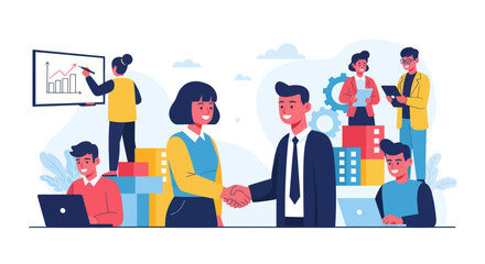 Team collaboration, successful partnership, business deal, project completion, growth strategy.