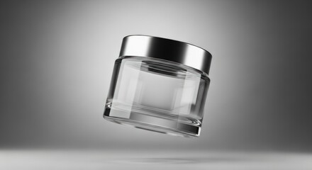 Elegant glass jar with silver lid for luxurious creams and lotions in a modern minimalist design studio shot