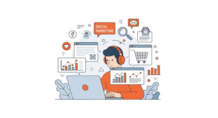 Focused man manages digital marketing, analyzing data on laptop.