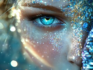 A stunning close-up portrait of a mystical mermaid. Her face is partially covered in iridescent, with her smooth skin. 
