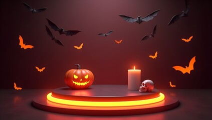 Halloween empty podium background for  product  display with horror scene 