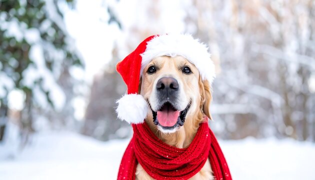 Festive golden retriever in winter