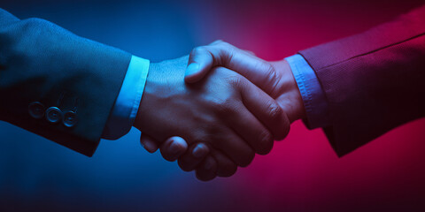 Obraz premium Two business hands shaking in a colorful lighting background 