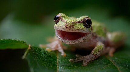 Obraz premium Funny Smiling Frog Sitting on Leaf – Quirky Wildlife Close-Up