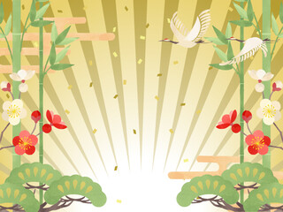 松竹梅と鶴のおめでたい背景素材