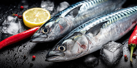 Obraz premium Fresh mackerel fish on ice with lemon and red chili peppers 