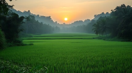 Serene Sunrise Over Vast, Lush Green Rice Fields: Flanked by Misty Dark Green Forested Hills, Central Orange Sun & Palm Trees