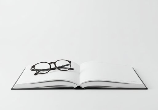 Open Book with Eyeglasses Education, Knowledge, and Learning on a White Background