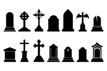 A collection of ominous black tombstones against a plain backdrop. The tombstones display various designs including crosses and other religious emblems.
