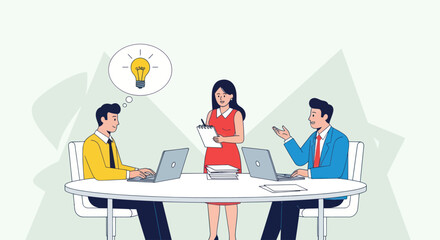 Team brainstorming innovative ideas, collaborating on project, woman presenting, laptops, office meeting.