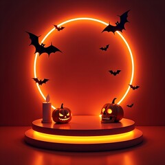 Halloween empty podium background for  product  display with  neon light