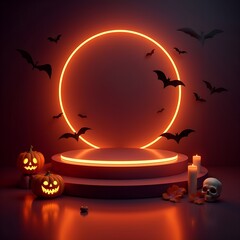 Halloween empty podium background for  product  display with  neon light