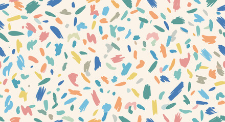 A playful and colorful abstract pattern with scattered brushstrokes and confetti-like shapes across a light cream background. This vibrant design evokes a sense of joy and artistic expression.