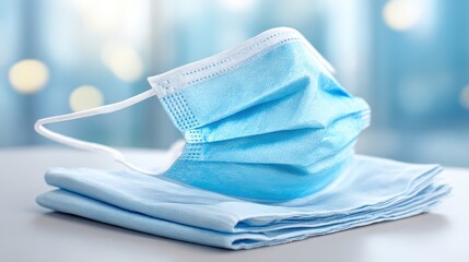 Blue Surgical Mask on a Soft Cloth Background with Blurred Bokeh