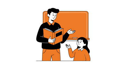 A teacher explains a lesson to a student in a simple classroom setting.