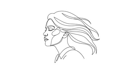 Minimalist continuous line drawing of a woman's profile with flowing hair.
