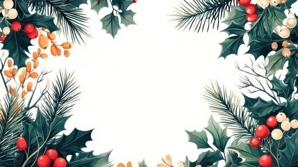 Green Leaves and Red and White Berries Frame a White Background