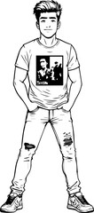 Black and white illustration of a handsome man in casual style minimalist modern line art drawing
