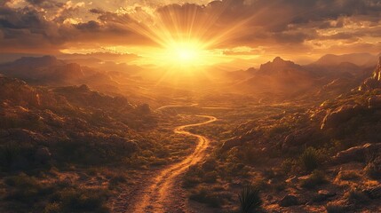 A sunrise over a quiet southwestern desert landscape with a path winding through the hills into the distance, with rays of light stretching outward