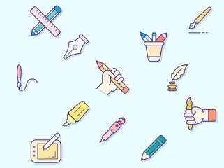 Simple Set of pen Related Vector Line Icons. Vector collection of pencil and quill pen, marker pen, stationery, writing, literature, pen nib symbols or logo elements in thin outline.
