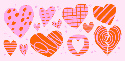 Cut out heart with crayon scribbles and patterns. Girly irregular paper stickers with sketchy lipstick texture. Pink and red collage figures for zine art. Vector Valentine’s scrapbook.
