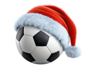 Soccer ball with red Santa hat, festive holiday theme, winter celebration, cheerful sports decoration, isolated on transparency background, joyful atmosphere