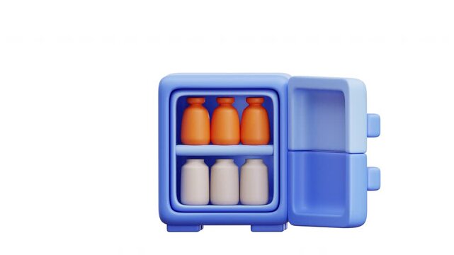 3D animation of a cartoon-style hotel minibar fridge filled with colorful bottles, perfect for hospitality, travel, and vacation projects