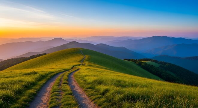 Scenic view of a grassy mountain ridge with a dirt path leading towards the horizon during a vibrant sunset, showcasing layers of distant mountains and a clear sky