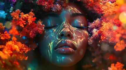 A vibrant, psychedelic, shimmering photograph of coral surrounding the head of an exotic woman with her eyes closed.