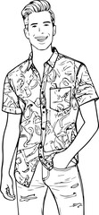 Black and white illustration of a handsome man in casual style minimalist modern line art drawing
