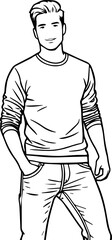 Black and white illustration of a handsome man in casual style minimalist modern line art drawing
