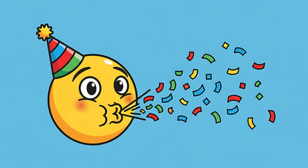 Yellow emoji wearing a party hat blowing confetti on a blue background for a celebration event