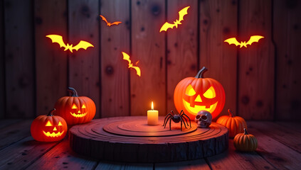Halloween empty podium background for  product  display with horror scene 