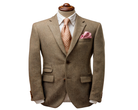Brown tweed suit on mannequin vintage style classic menswear elegant formal attire textured fabric pink pocket square white shirt patterned tie