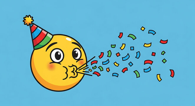 Yellow emoji wearing a party hat blowing confetti on a blue background for a celebration event - Powered by Adobe