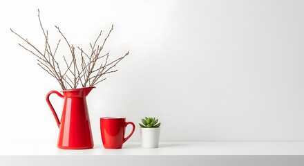 Red pitcher with branches, a matching mug, and a small succulent on a white shelf, isolated on white background, creating a clean and minimalist aesthetic