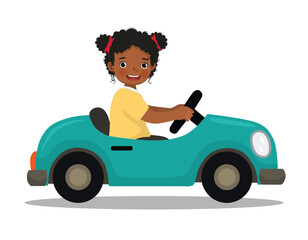 Little African girl driving toy car side view
