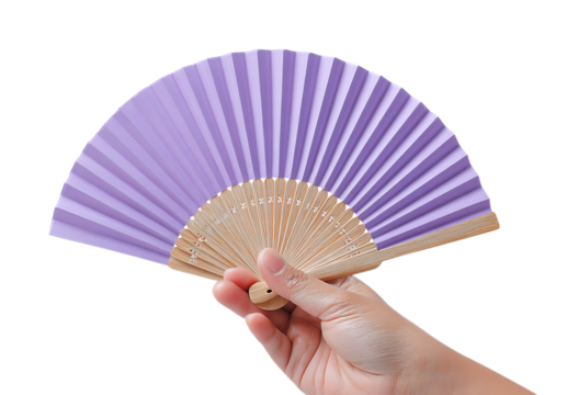 Hand holding a purple paper fan isolated on transparent background