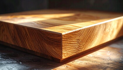 Close-up of podium wooden corner with polished surface, dramatic lighting, and handcrafted detail.