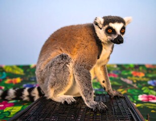 Fototapeta premium Ring-tailed lemur sits on a platform