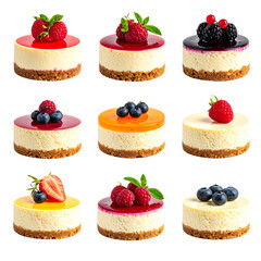 A delectable collection of fresh berry and chocolate cakes isolated on a white plate